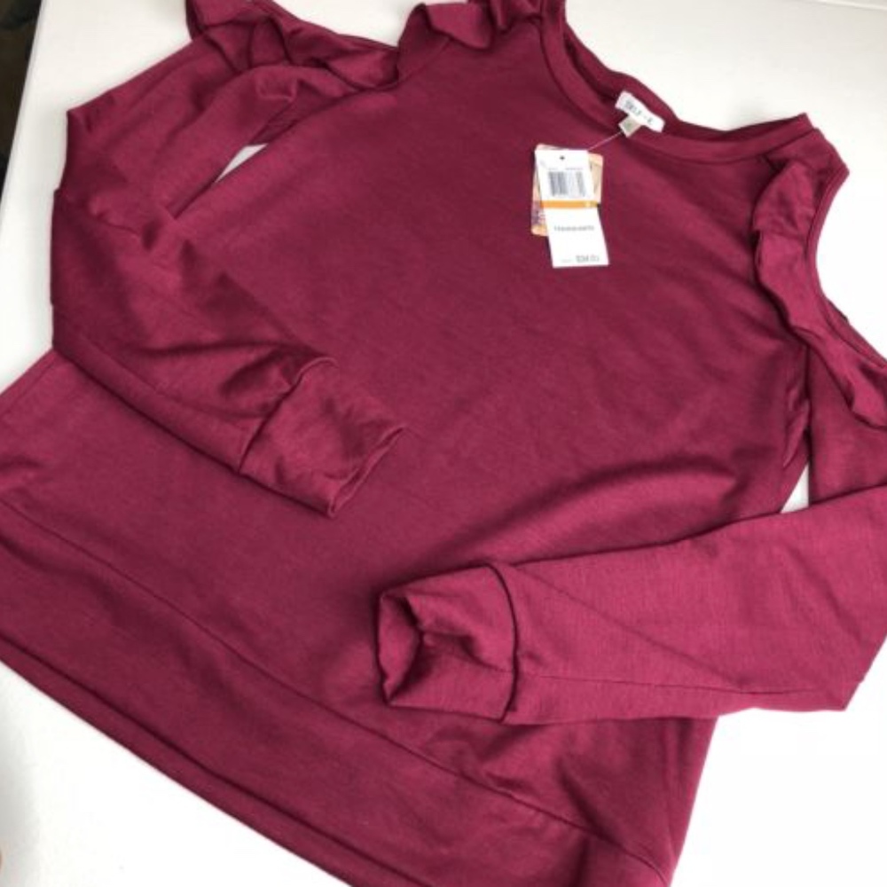Self Esteem Burgundy Long Sleeve Cold Shoulder Top - Picture 2 of 4
